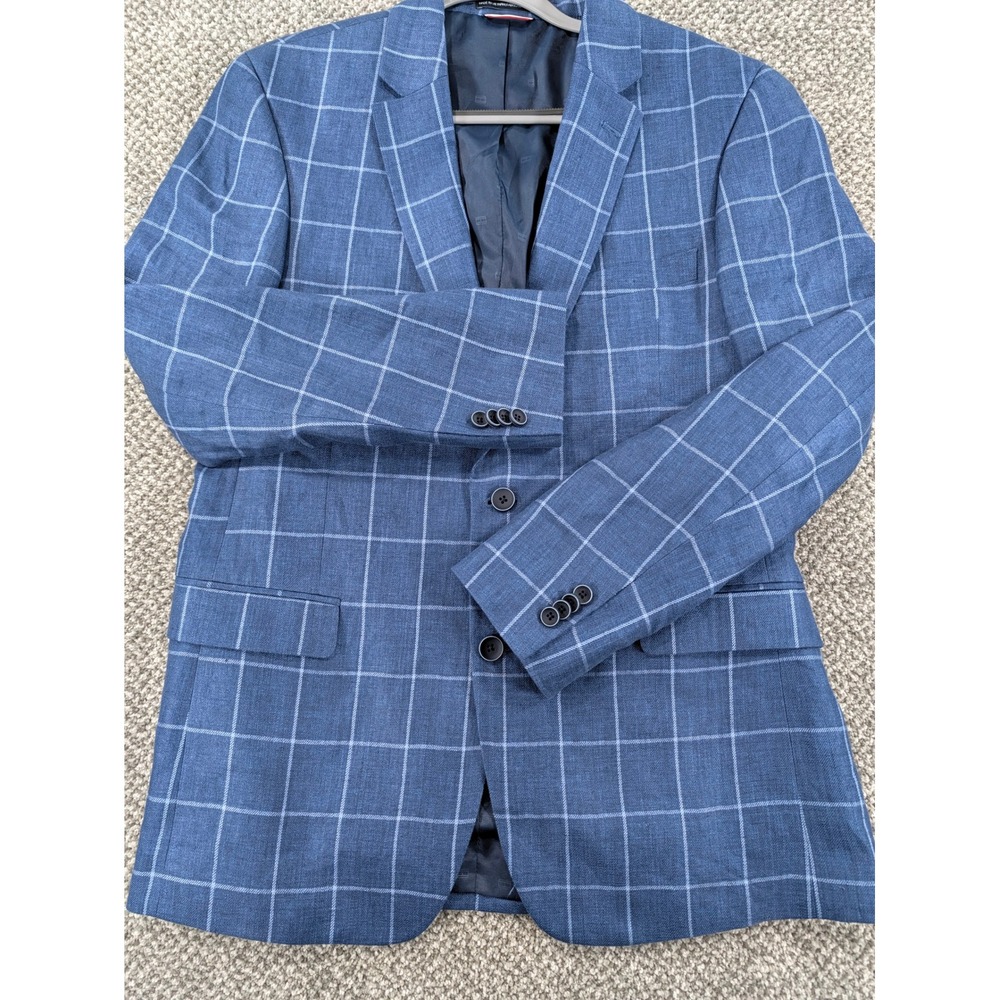 Tommy Hilfiger Mens 42R Blue Windowpane Plaid 100% Linen 2-Button Sport Coat